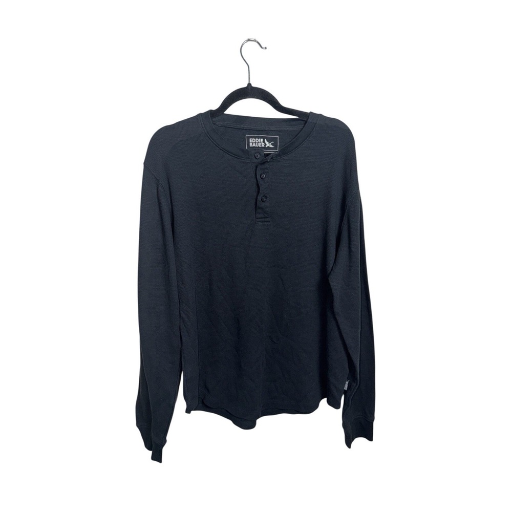 Eddie Bauer Thermal Henley Shirt Mens L Gray Waffle Knit Top Long Sleeve
